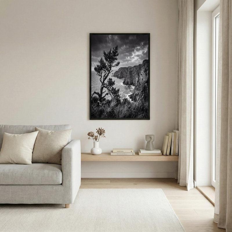 Arbre côtier et falaises rocheuses en noir et blanc, art mural sur toile, H 36 po x l 48 po