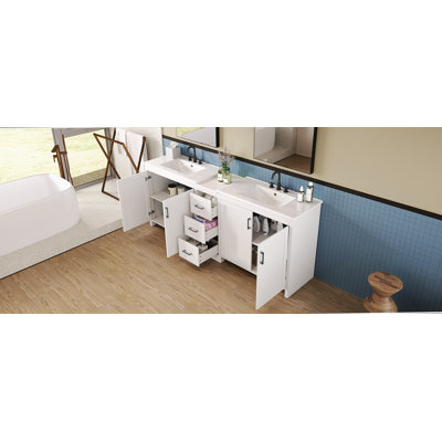 Meuble-lavabo double 84 po, 2 lavabos en céramique et comptoir en quartz 84 po, avec tablettes réglables et 3 tiroirs, grand espace de rangement, poignées en métal argenté et charnières à fermeture douce, blanc