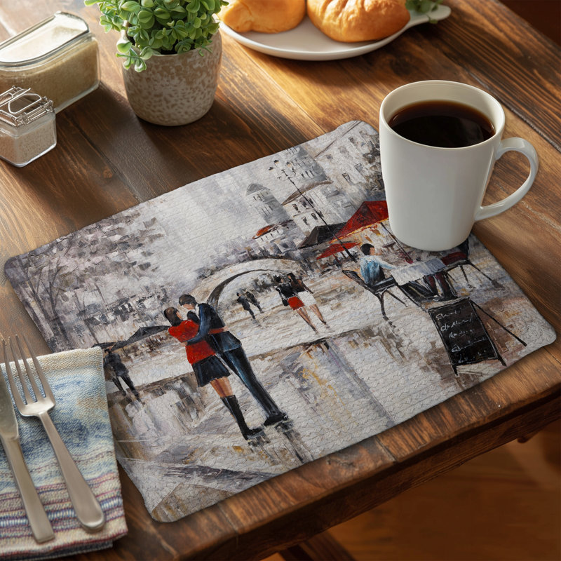 Young Couple Hugging Street Braided Polyester Placemats Set 4