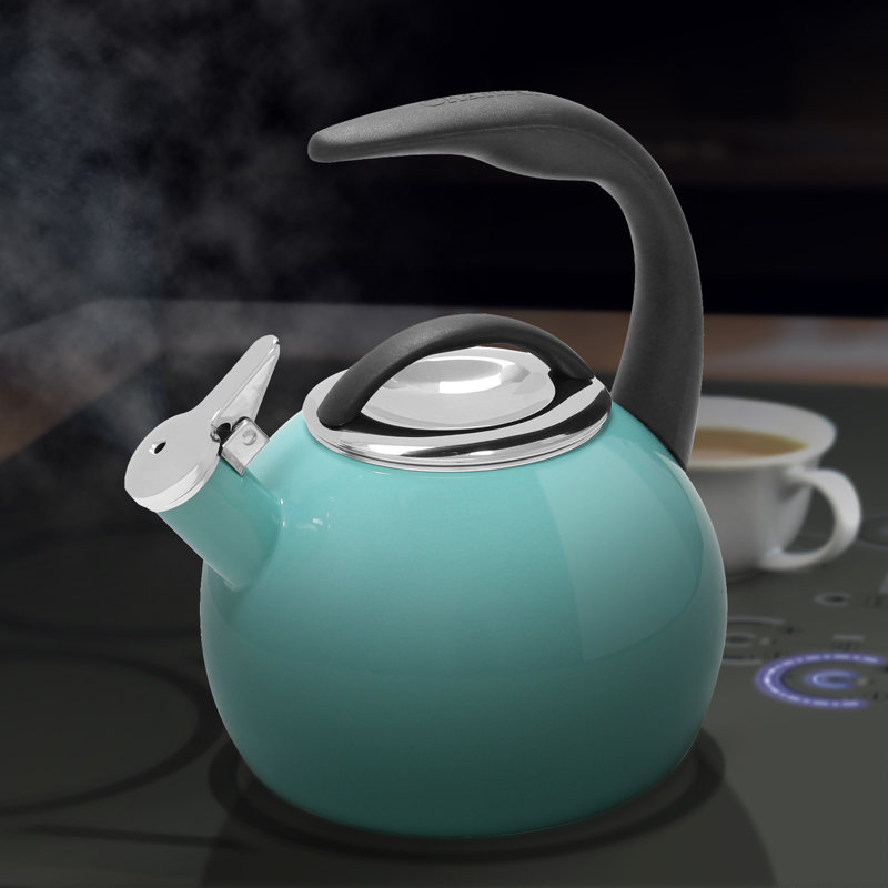 Aqua Enamel 2-Quart Whistling Teakettle with Stay-Cool Handle