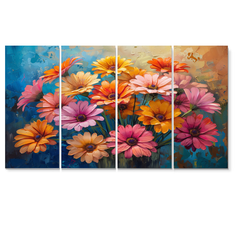 «Vibrant Bloom of Multicolor Daisies Flowers I - Daisies», ensemble d'art sur toile, H 32 po x l 64 po
