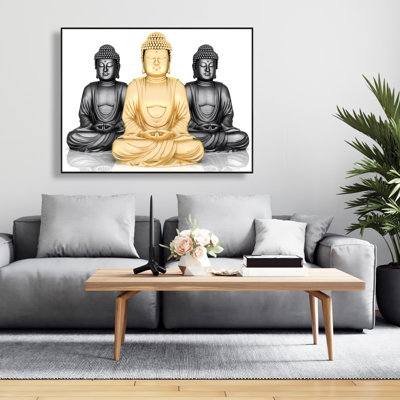 Trio de bouddhas - Toile encadrée grise pour la décoration intérieure