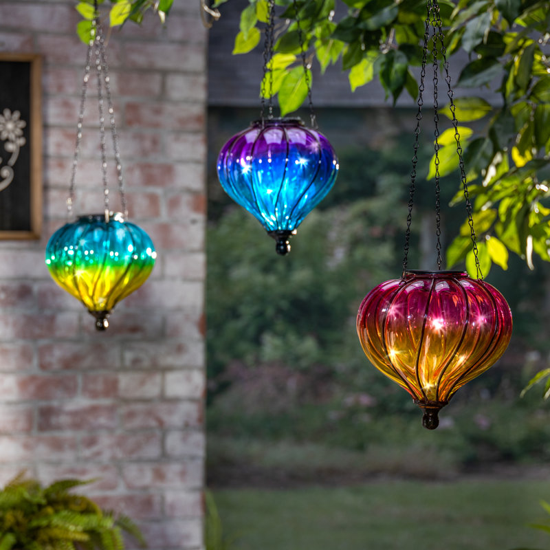 Set of 3 Solar Lighted Hand-Blown Glass Hanging Luminaries – Vibrant 5.9-Inch Jewel-Toned Outdoor Garden Lanterns