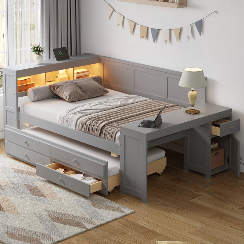 Lit de jour avec tablettes de rangement et lumière DEL, Gris