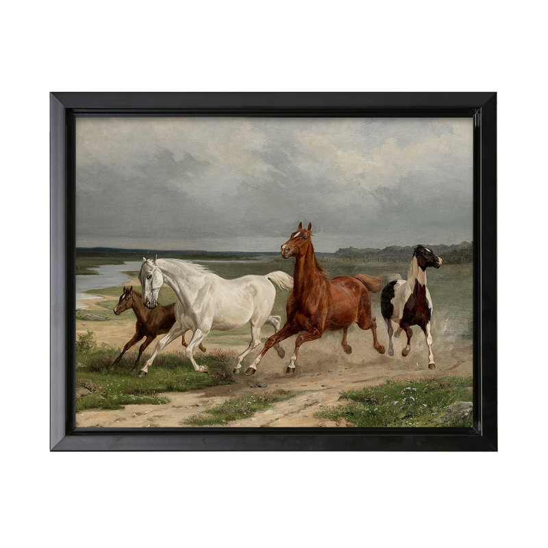 Arvid Fredrik Lonnroth - Fuyant les chevaux, 11"H x 14"W, Canvas, Black Framed