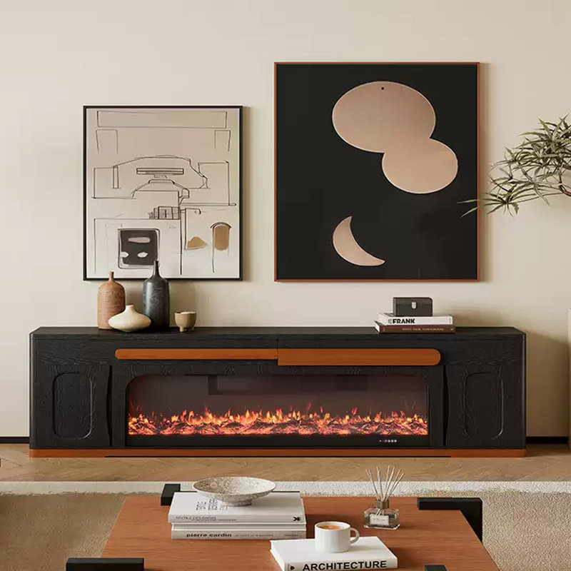 Foyer en bois massif noir avec meuble télé, H 23,62 po x l 78,74 po x P 12,6 po