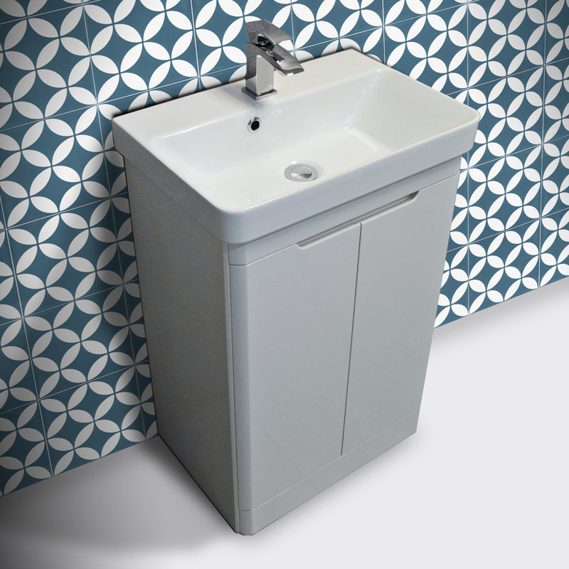 Amlo 8" x 8" Cement Patterned Wall & Floor Tile, Navy Blue/White