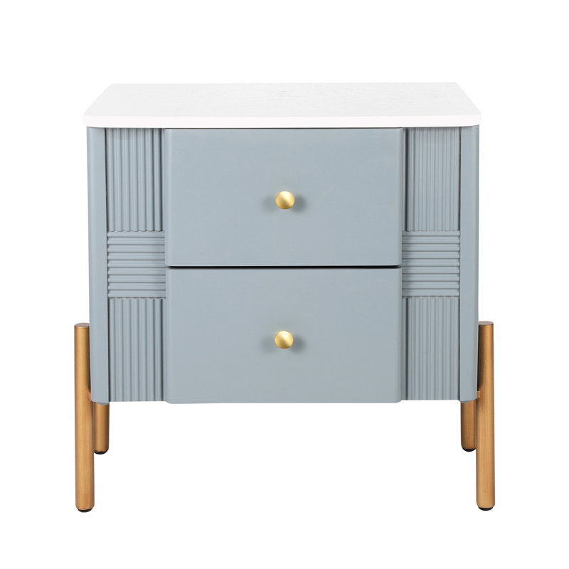 Table de bout cannelée bleue avec poignées dorées, 2 tiroirs spacieux, - tablettes antidérapantes, accents métalliques multifonctionnels, deux tiroirs pour livres et magazines,