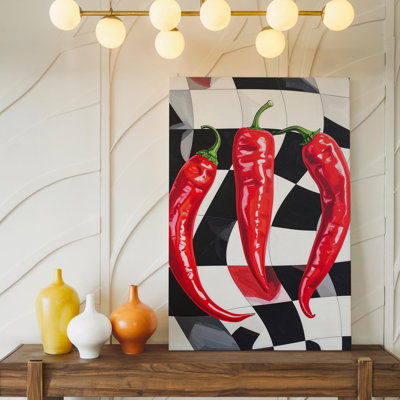 Wall Art Bold Chili Peppers Canvasgraphic Red Peppers With Black And White Checkered Canvas Ready To Hang Gallery Wrapped Home Decor