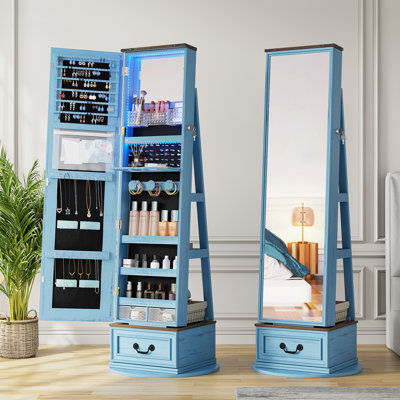 Jewelry Armoire Cabinet With Mirror, Led Lights, Rotating Storage Shelves, And Lockable Design