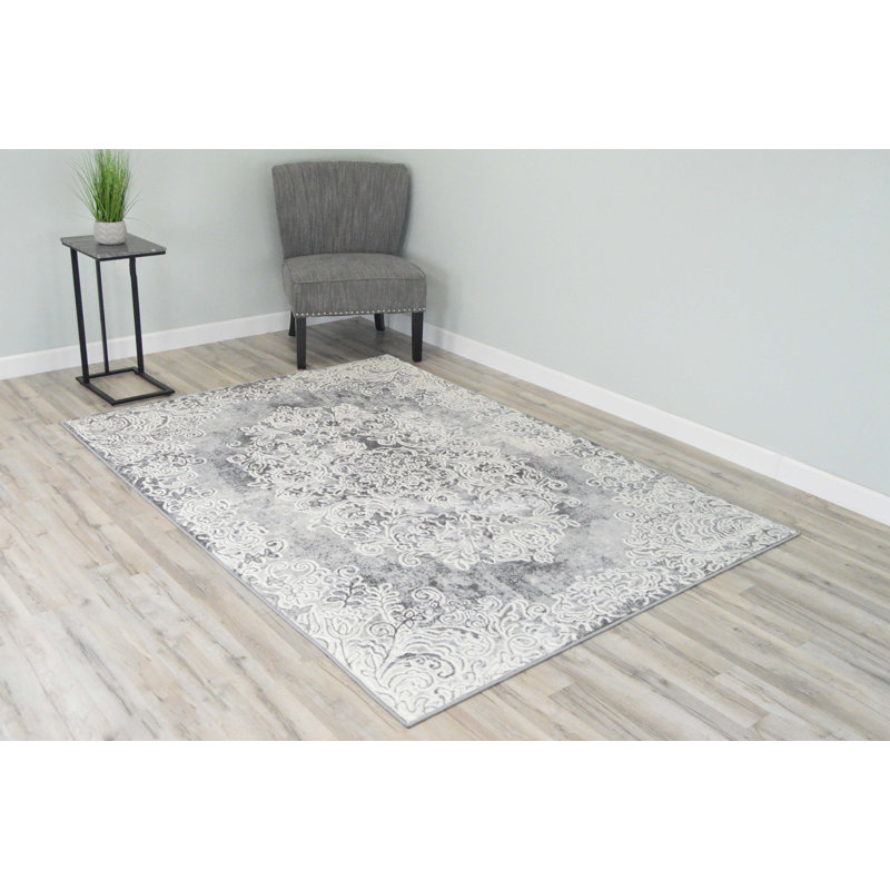 Tapis gris tissé à la machine Mullett, Rectangle 5 pi 3 po x 7 pi 6 po