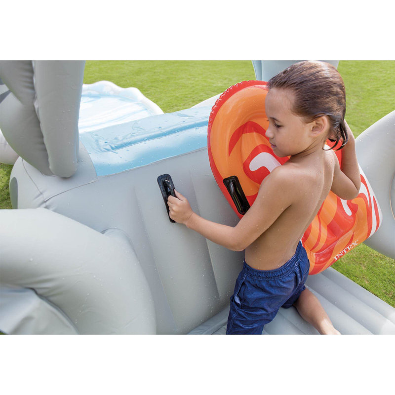 Gray and Blue Inflatable Shark Water Slide with Surf Riders