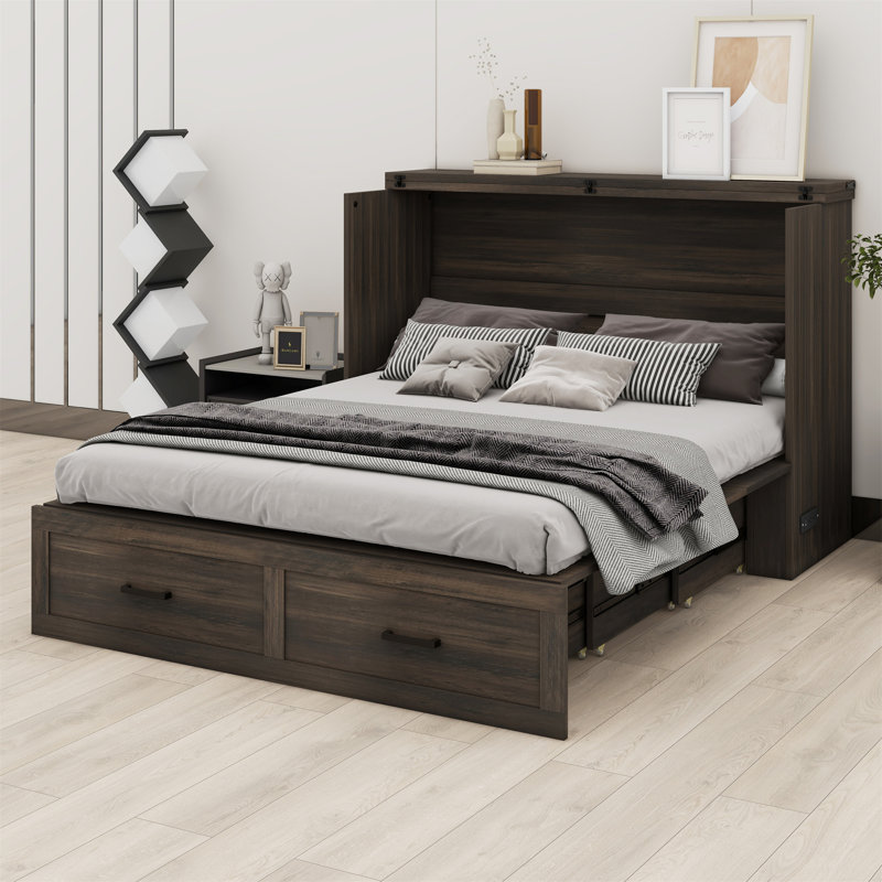 Murphy Cabinet Bed With Charging Station, Foldable Platform Bed With Large Storage Drawer, Rustic Grey