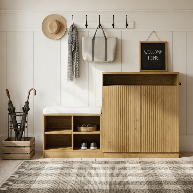 Armoire à chaussures de style moderne avec banc à chaussures, 2 portes, 3 tablettes réglables à 3 niveaux, 4 étagères à chaussures ouvertes et coussin amovible