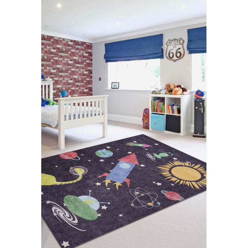 Black Space Kids Woven Base Decorative Carpet, Round 5'