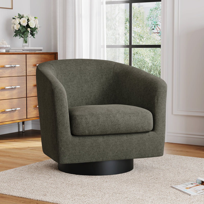 Upholstered Swivel Barrel Chair With Solid Wood Base, Tan