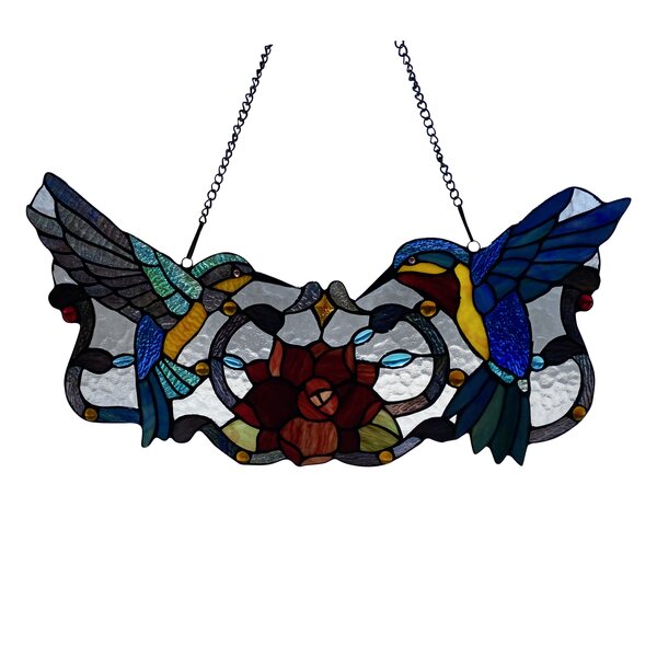 Stained Glass Hummingbird Art Panel with Metal Frame and Chain