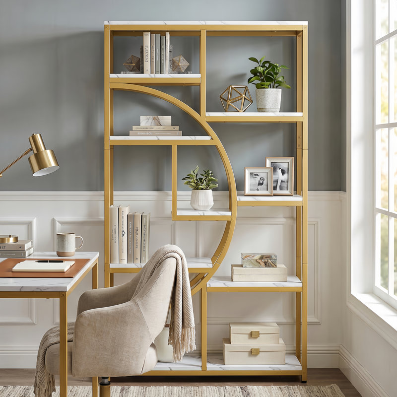 Oscer Industrial 5 Tier Etagere Bookcase, White/Gold