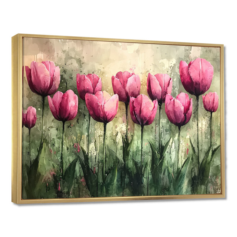 «Summer Pink Hues», art mural encadré de tulipes, H 24 po x l 32 po, Picture Framed, Doré