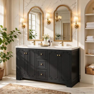Armoire de salle de bain blanche sculptée de style français de 60 po, armoire de rangement abondante, 4 portes à fermeture douce et 3 tiroirs
