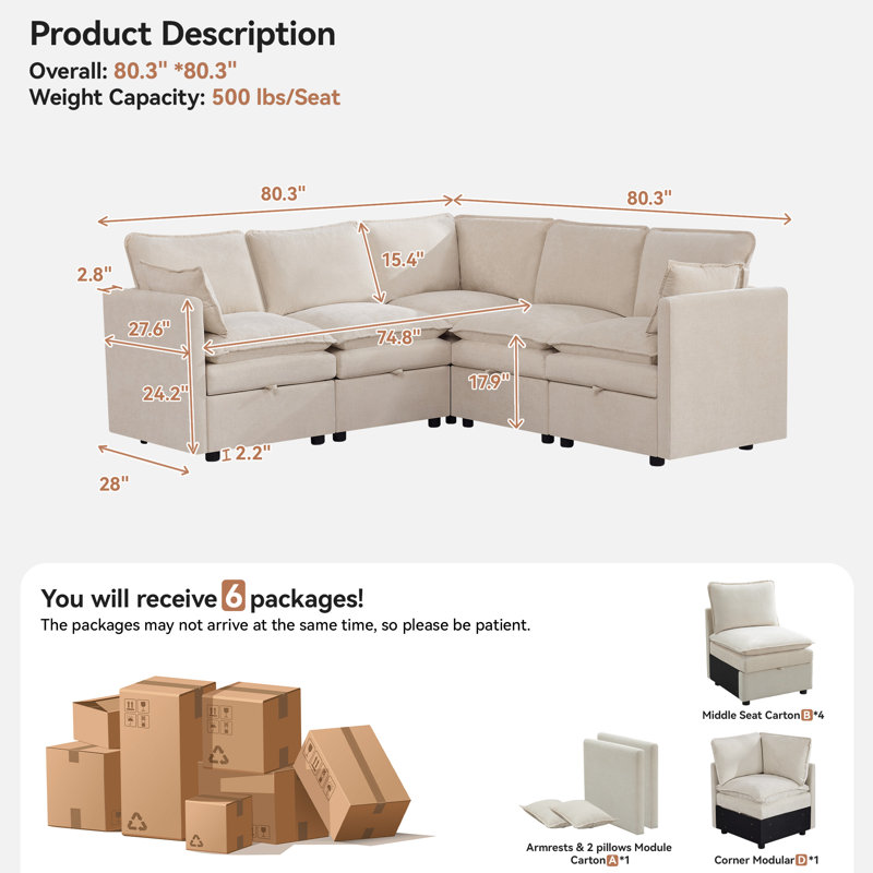 Canapé modulaire surdimensionné surdimensionné avec rangement caché, forme de L, Forme en L, Beige