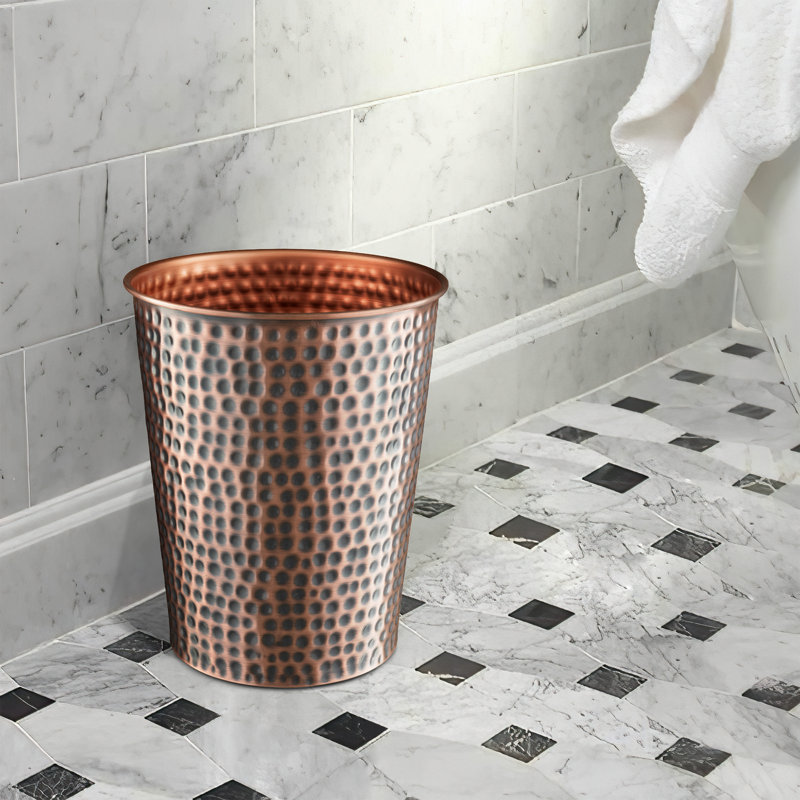 Hand Hammered Antique Copper Round Bathroom Trash Can