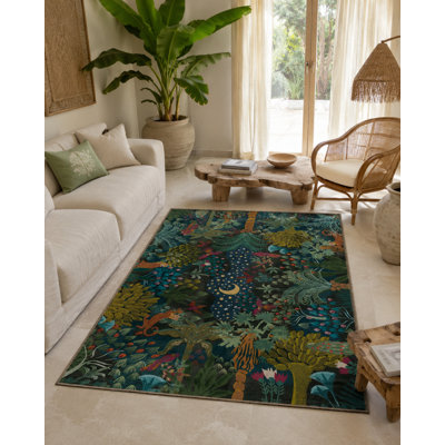 Night Themed Botanical Patterned Washable Woven Base Carpet