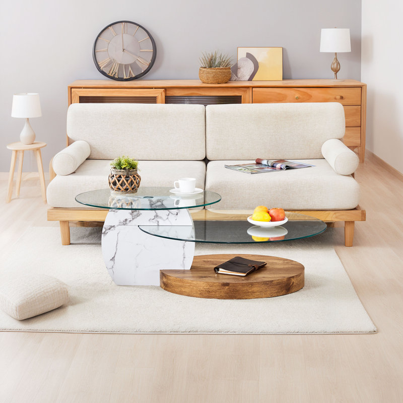 Double Clear Glass Oval Single Coffee Table, Brown/White
