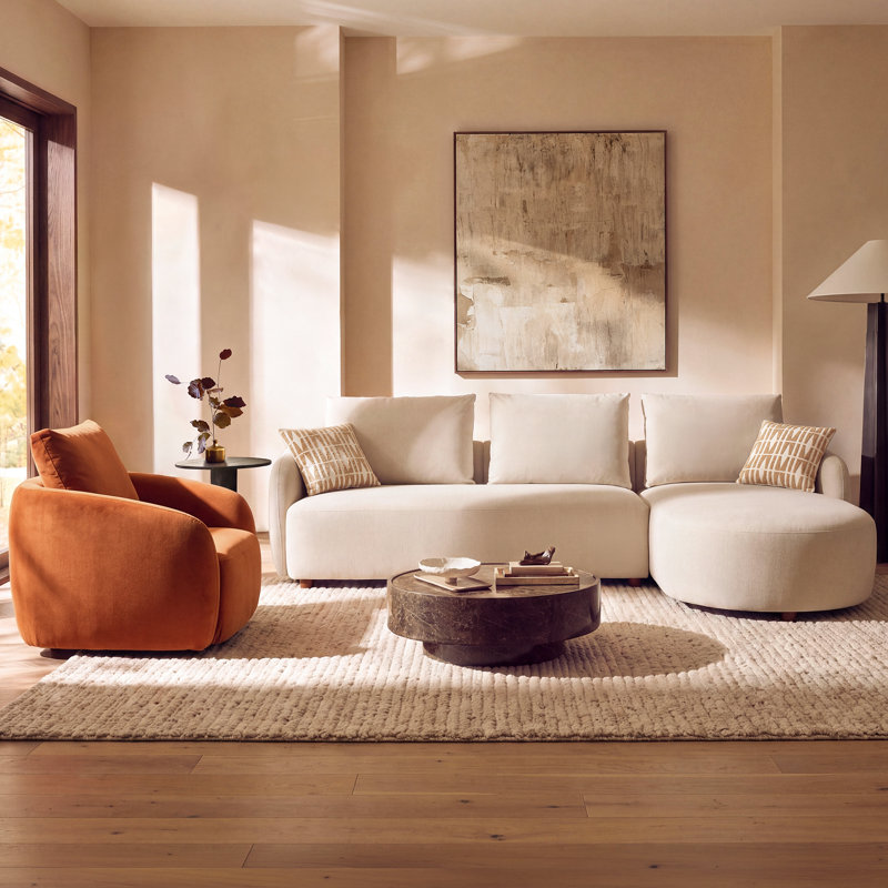 Canapé modulaire en L Catlin, Velours beige, H 35 po x l 107,1 po x P 64 po