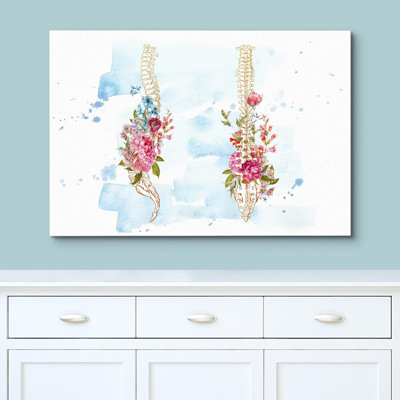 Moody Skull " Watercolor Pastel Rose Flower Spine Medical Health Modern Art Floral Botanical Wall Decor "