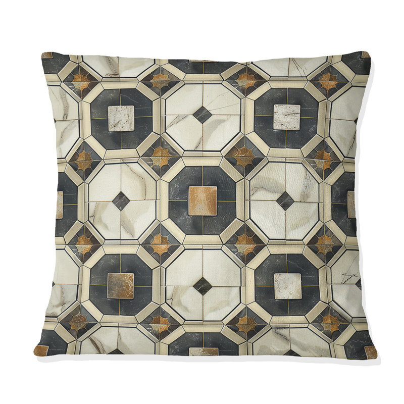 Motif octogonal brun et blanc - Coussin décoratif moderne, H 16 po x l 16 po