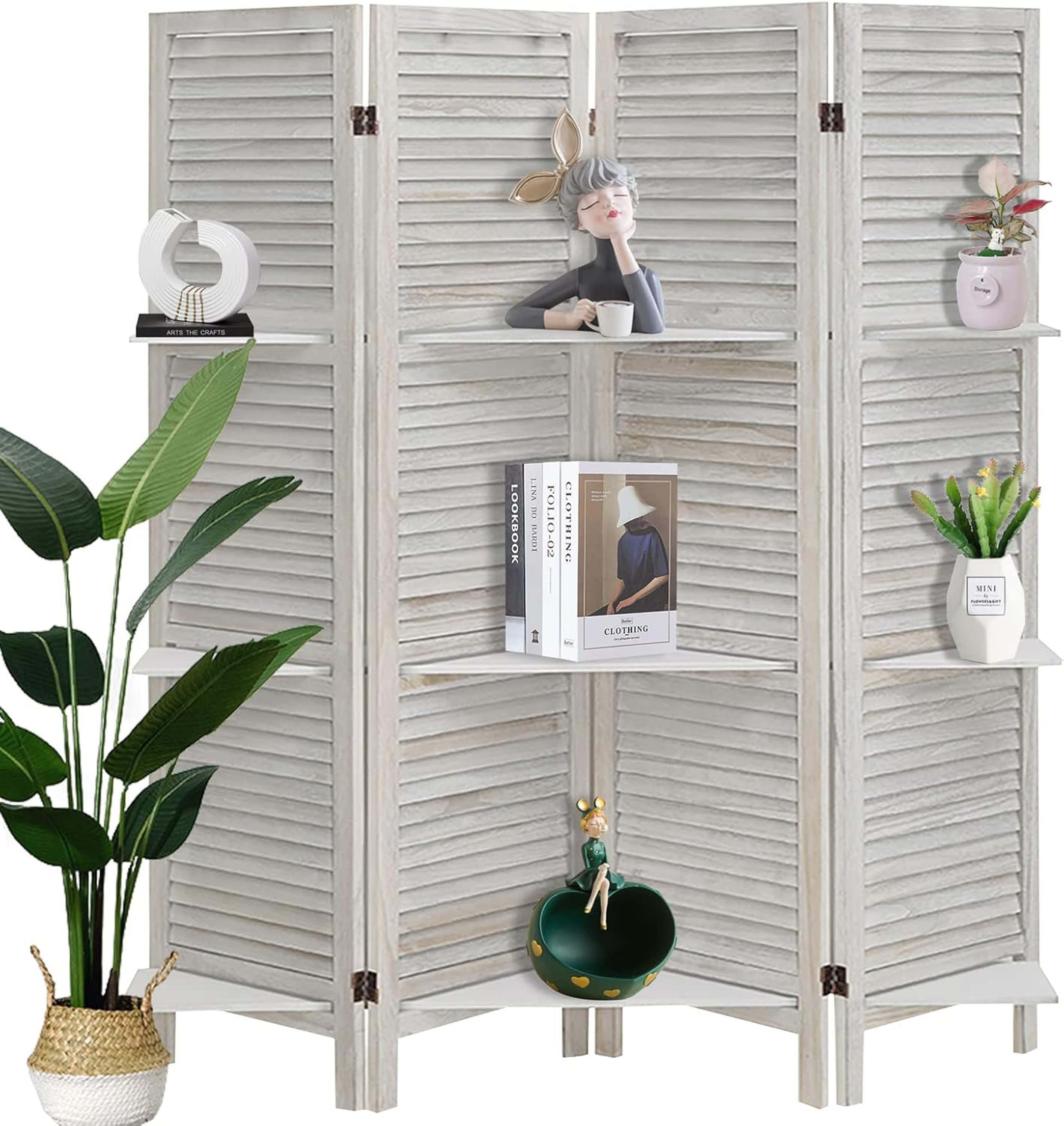 Ebern Designs 4 Panel Wood Room Divider Screen with Shelves