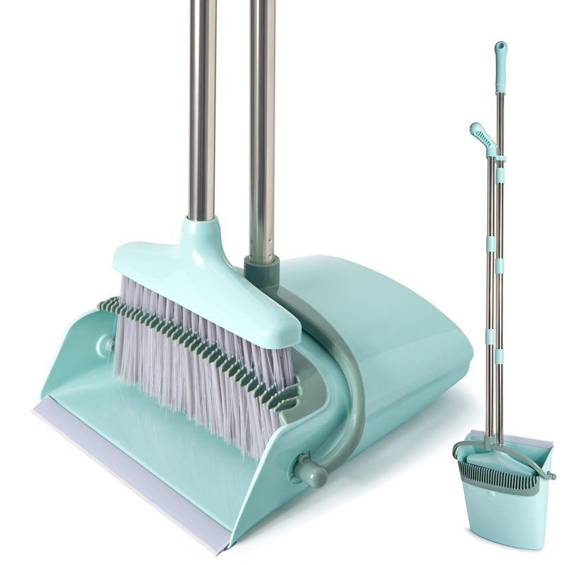 Bluish Green Stainless Steel Broom and Dustpan Set with Adjustable Handle