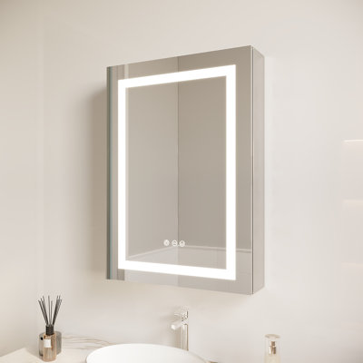 Armoire de salle de bain 26 po x 20 po avec miroir à DEL - Brouillard, imperméable à l'eau, à intensité variable, réglable à une porte, à 3 000 K, 6 000 K, 6 000 K, à gauche