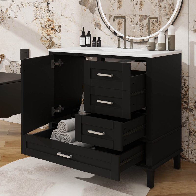 Meuble-lavabo contemporain 36 po avec 1 porte à fermeture douce et 3 tiroirs, armoire de rangement contemporaine, Noir