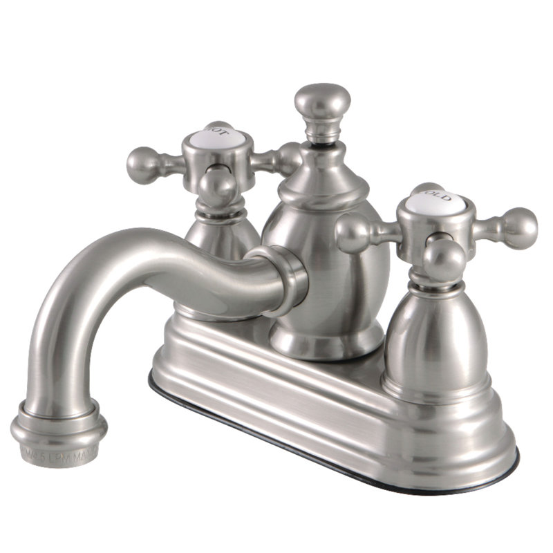 Kingston Brass English Country Two-Handle 3-Hole Deck Mount 4" Centerset Bathroom Faucet with Brass Pop-Up, Brushed Nickel