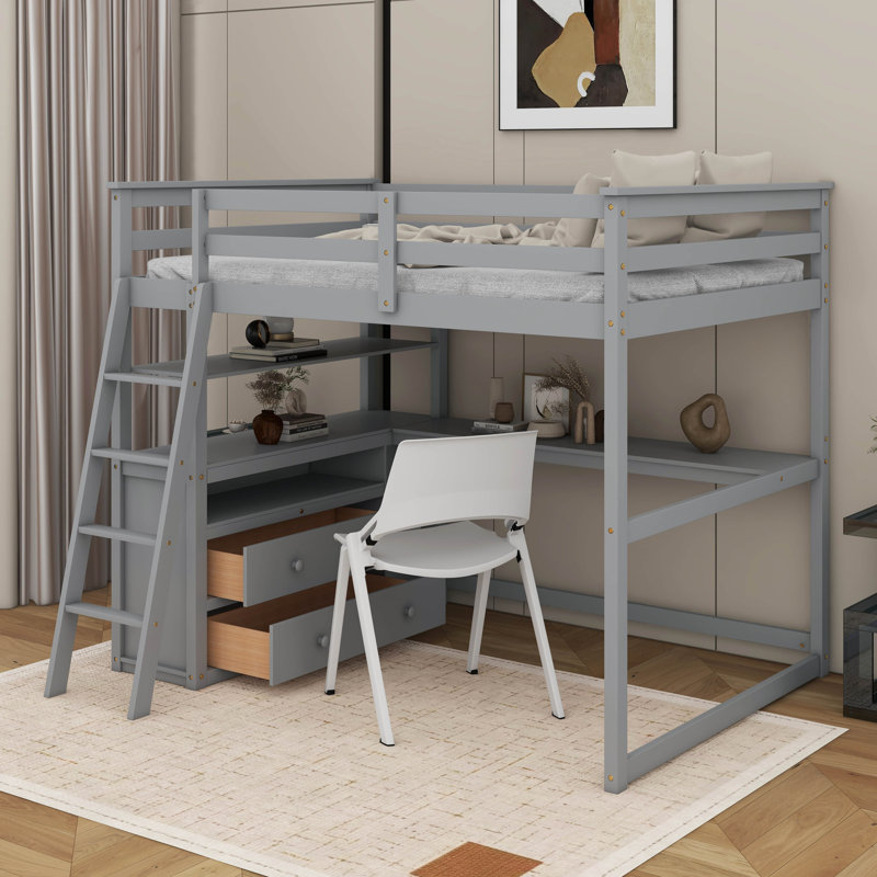 Lit mezzanine double avec bureau et tablettes, Gris