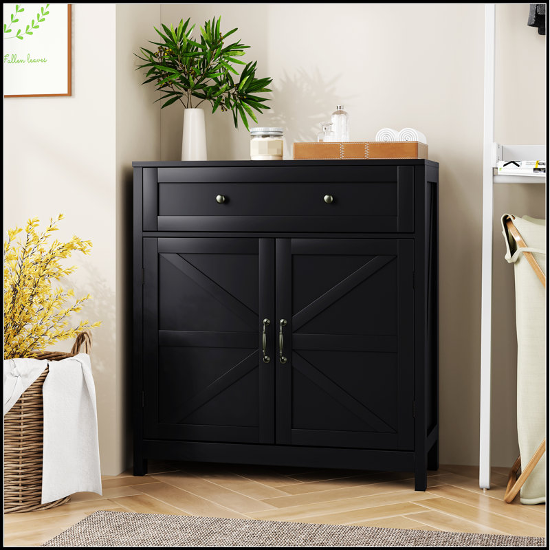 Barn Door Storage Cabinet with Drawer & Adjustable Shelf – Farmhouse Sideboard Buffet, Black