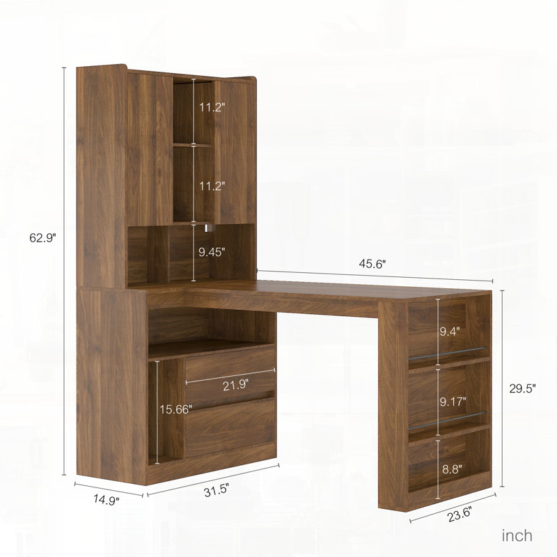 L Shaped Desk With Drawers Bookshelf LED Light Sturdy MDF Board Surface