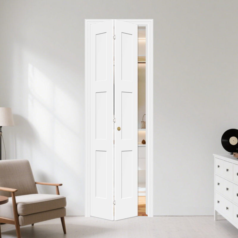 White Primed 3 Panel Solid Core Shaker Closet Wood Bi-fold Doors With Hardware Kit, 24" x 80"