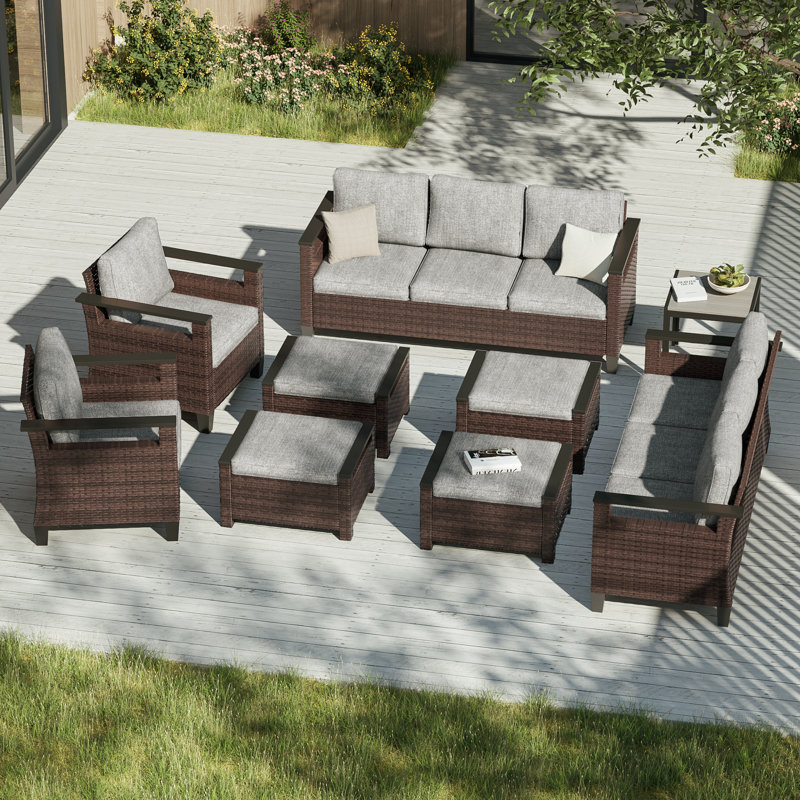 Sofa & Ottomans PE  Rattan Patio Sofa 9 Pieces Set With Side Table and Sturdy Frame, Leaden Grey