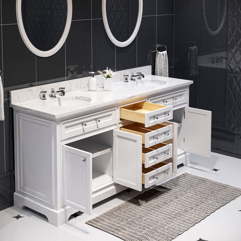Derby 72" Carrara White Marble Countertop Bath Vanity with Mirror, White