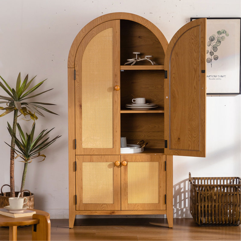 Armoire de cuisine arquée, armoire de rangement arquée en rotin avec portes réglables de 63,39 po de hauteur, armoire autoportante pour salle de bain, salon, salle à manger Farmhouse