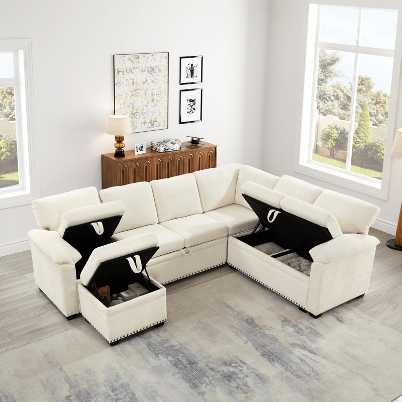 L-Shaped Chenille Sectional With 7 Seats, Storage, Beige, 97 Inch For Living Fabric Storage , Beige Room