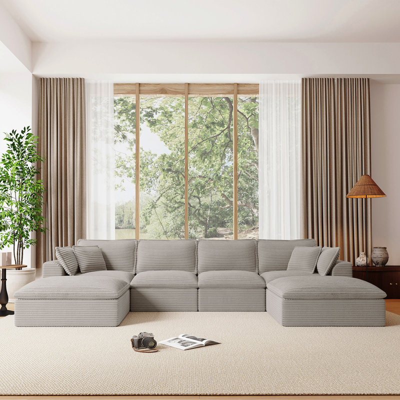 Canapé modulaire entièrement compressé de 142 po x 82 po, en forme de U avec repose-pieds, velours côtelé de luxe avec coussin moelleux en forme de nuage supplémentaire, sans assemblage requis, pour le salon et l’appartement, 2 couleurs