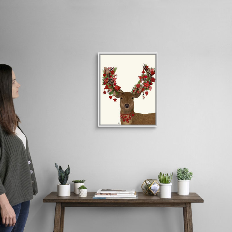 Reproduction d’art sur toile, "Deer, Homespun couronne", H 22 po x l 18 po x P 1,75 po, Cadre blanc
