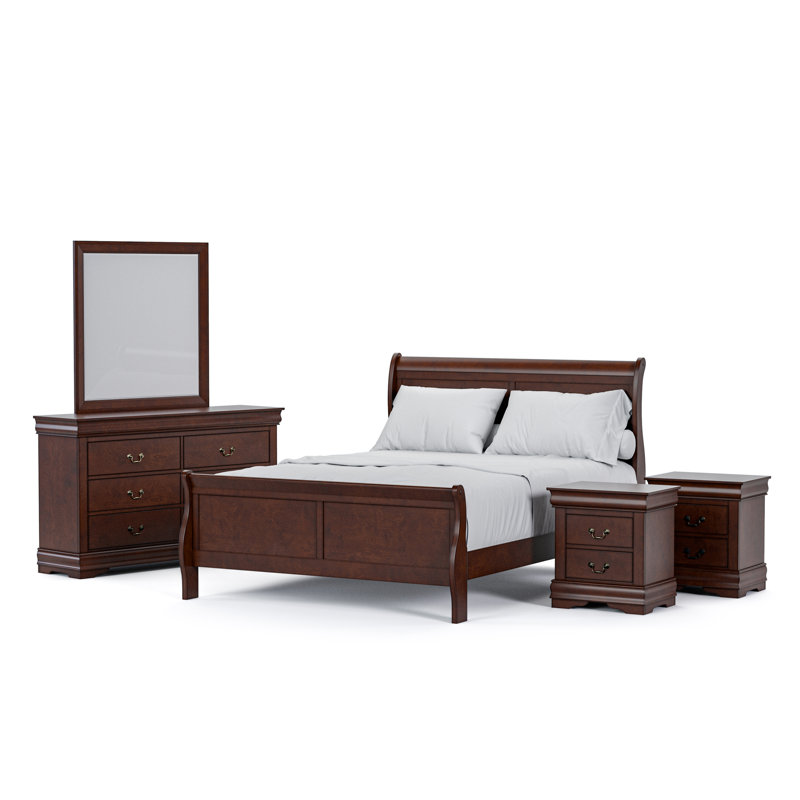 Ensemble de chambre à coucher Emelinda Extula, Cerisier, Cinq pièces : Lit, 2 tables de chevet, commode, m, Grand