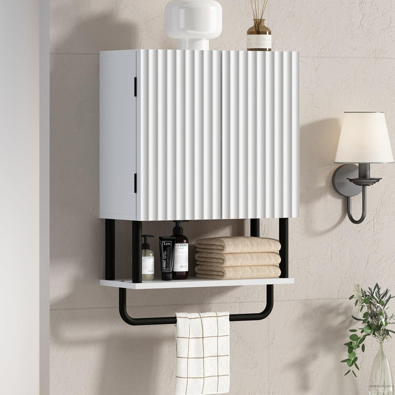 Fluted Bathroom Wall Cabinet With 2 Doors, 3-Tier Modern Farmhouse Medicine Cabinet, Over The Toilet Storage Cabinet With Adjustable Shelf And Towel Bar(White)