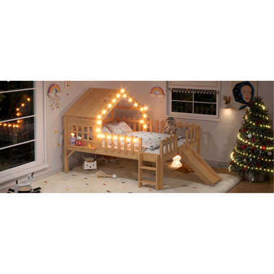 Full Size House Loft Bed With Slide, Glowing Lights, And Spacious Play Area - Perfect For ' Playtime Star Moon Cutouts, For Adventures