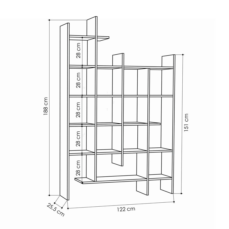 Modern Oak Bookshelf, 48.0 x 74.0 x 10.0 inches | 100% Melamine Coated Particle Board, Thickness: 0.7 inches | Numerous Shelves, Wall-Mountable Design, Solid Color Brown | Perfect for Home or Office Storage